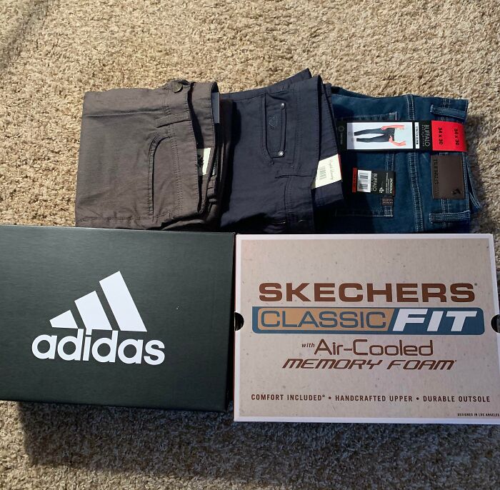 Adidas and Skechers shoeboxes with new pants on carpet, related to Good-Funny-Bosses theme.