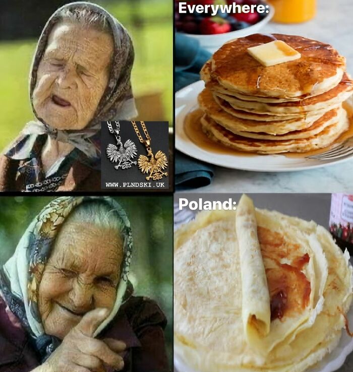 Polish memes comparing pancakes internationally with Polish style, featuring an elderly woman humorously reacting.