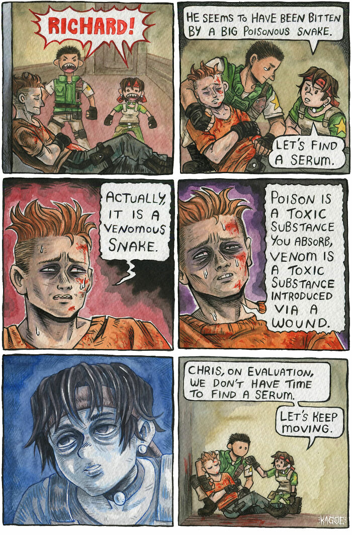 Spooky comic inspired by Resident Evil Village, featuring characters dealing with a snake bite situation.