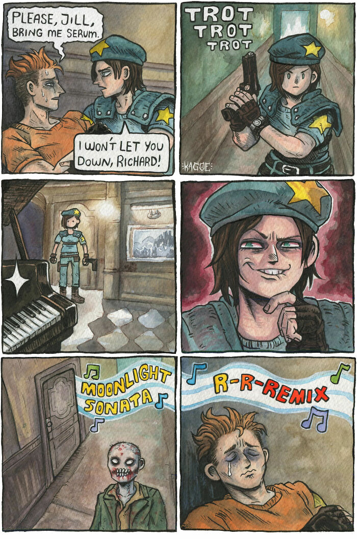 Comic strip inspired by Resident Evil Village with characters in tense and spooky scenes, including a musical twist.