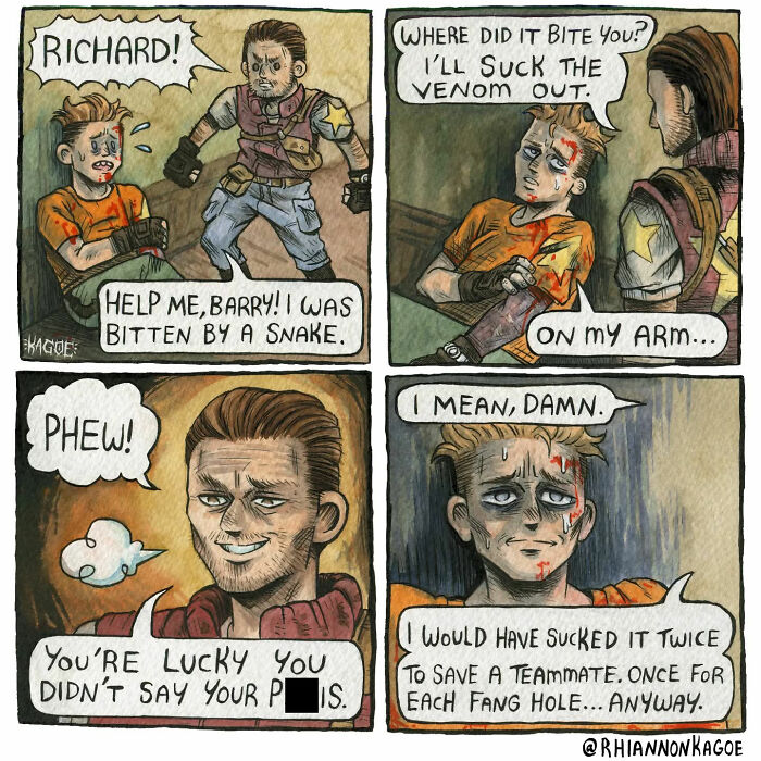 Spooky comic inspired by "Resident Evil Village" featuring two characters in a humorous snakebite scenario.