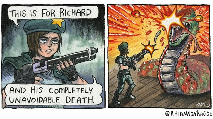 Comic art inspired by Resident Evil Village, featuring a soldier confronting a giant snake.