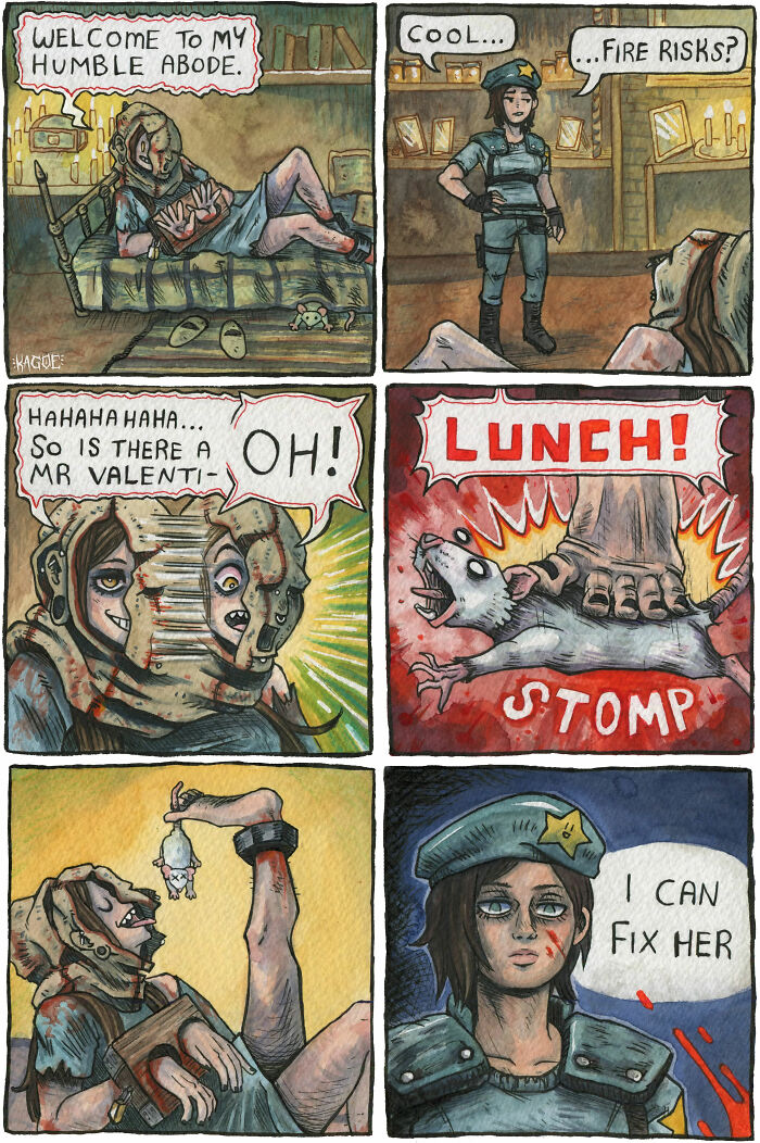 Spooky comic inspired by Resident Evil Village featuring a zombie host and a soldier with humorous dialogue and scenes.