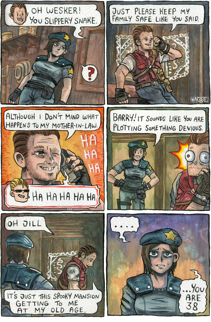 Spooky comic inspired by “Resident Evil Village,” featuring characters in a humorous conversation in a mansion.