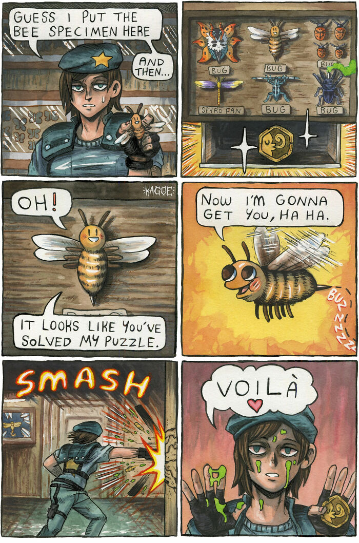 Comic featuring spooky artwork inspired by Resident Evil Village, with a character interacting with a bee specimen.