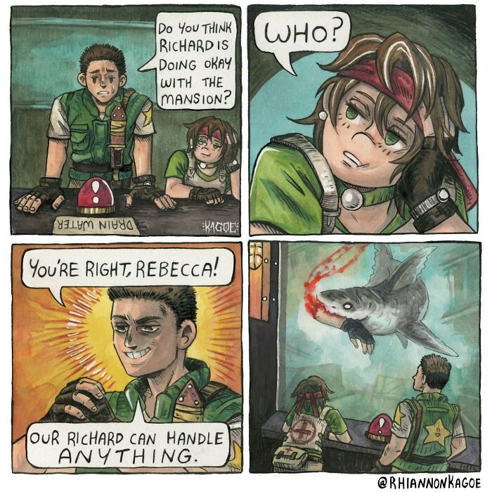 Comic featuring characters discussing Richard, inspired by Resident Evil Village, with a humorous shark encounter.