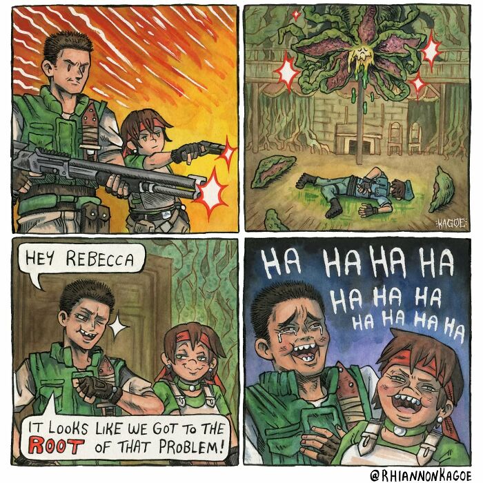 Comic featuring soldiers confronting a monster, inspired by "Resident Evil Village," with a humorous twist and speech bubbles.