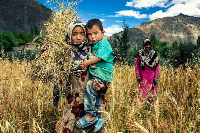 Mother holding child in a wheat field, showcasing captivating photography by Hamed AlGhanboosi.