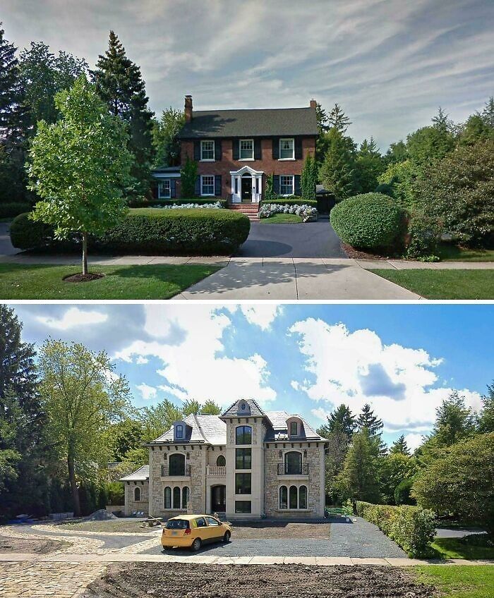 Two contrasting houses showcasing that money can't buy taste, with lush landscapes and unique architecture.