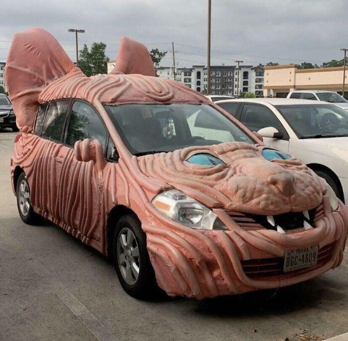 Car fails example with vehicle designed to look like a pink animal, complete with eyes, ears, and nose details.