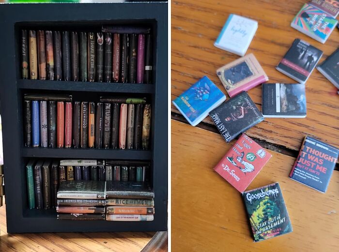 Miniature books collection, perfect unique gifts for women, displayed on a shelf and scattered on a wooden table.