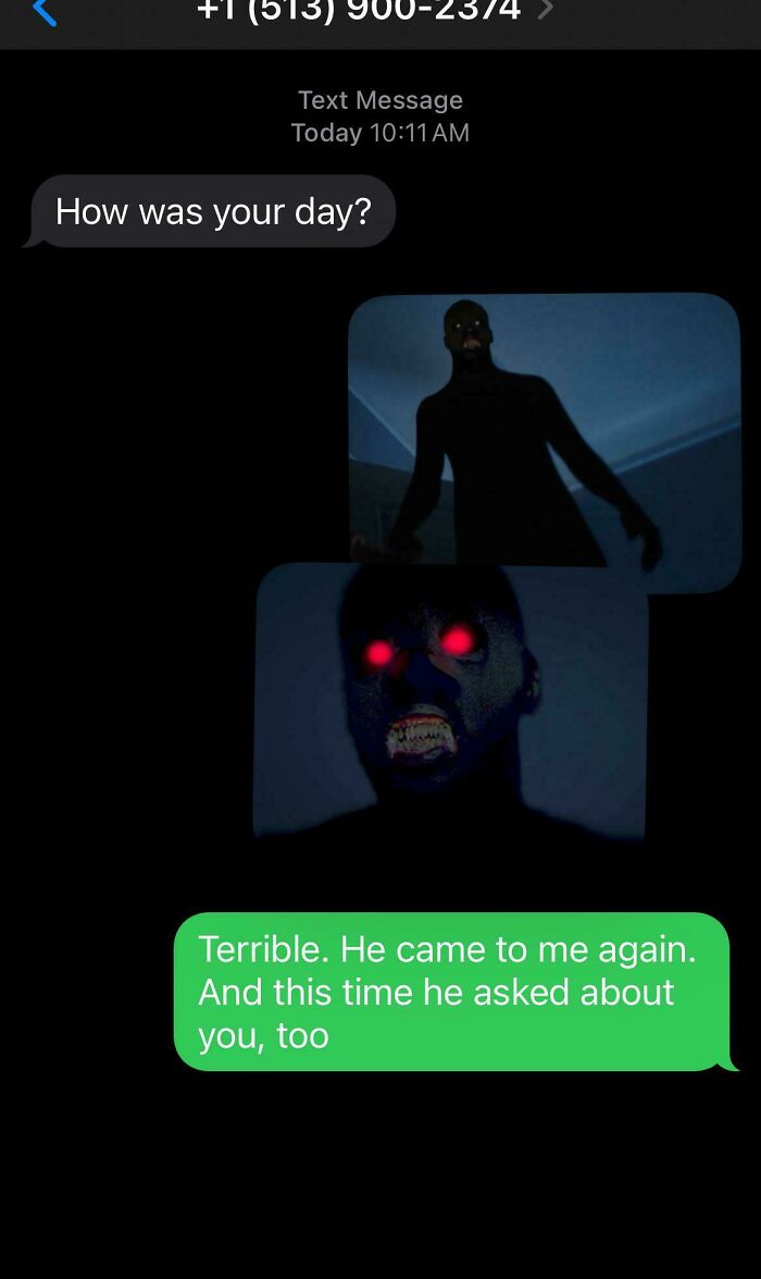 Text conversation with unsettling images, illustrating a response to scam-text-responses scenario.