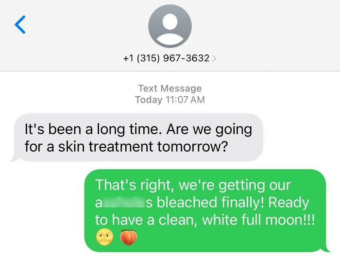 Text exchange showcasing humorous scam-text-responses regarding a skin treatment appointment.