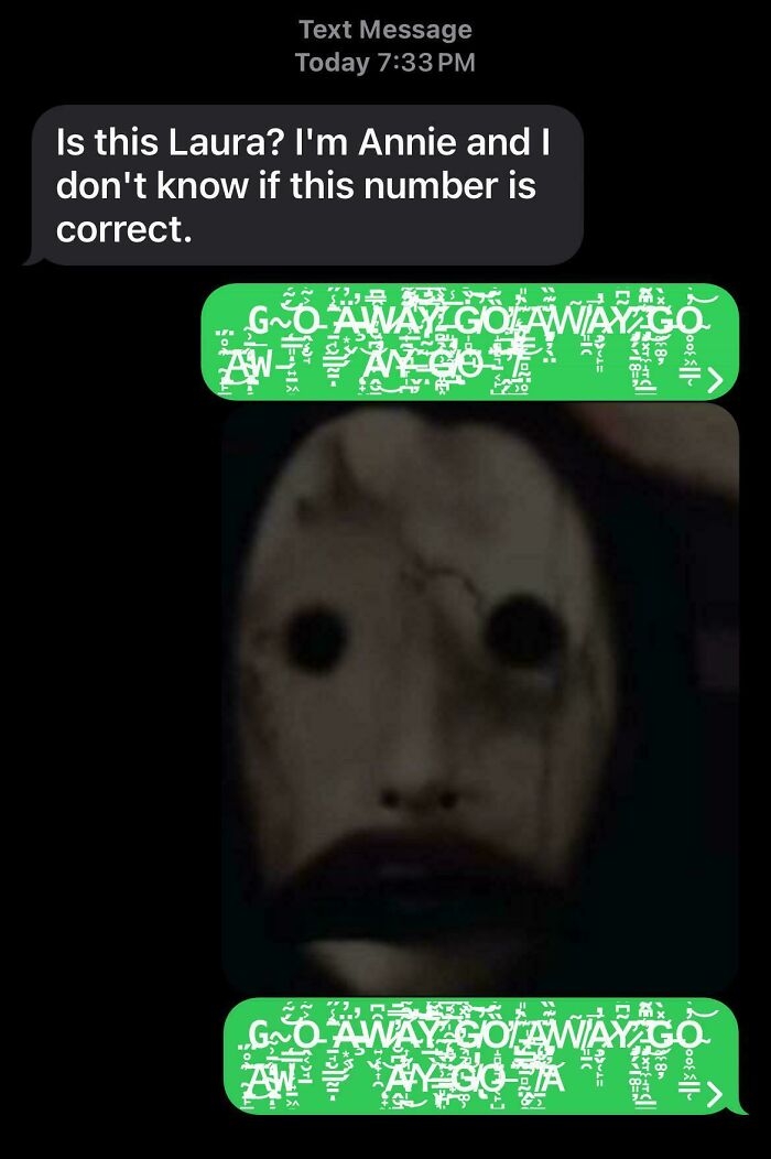 Text message with question asking "Is this Laura?" followed by an unsettling image response in a scam-text context.