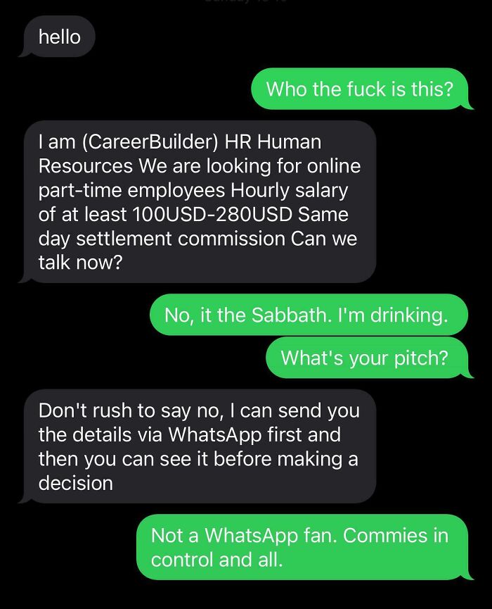 A humorous exchange in a scam text response, discussing a fake job offer and responding skeptically.