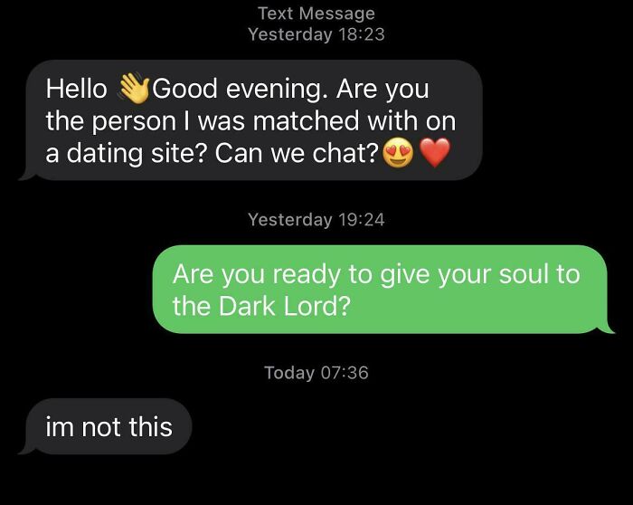 Humorous scam-text response exchange with playful dialogue about dating sites and the Dark Lord.