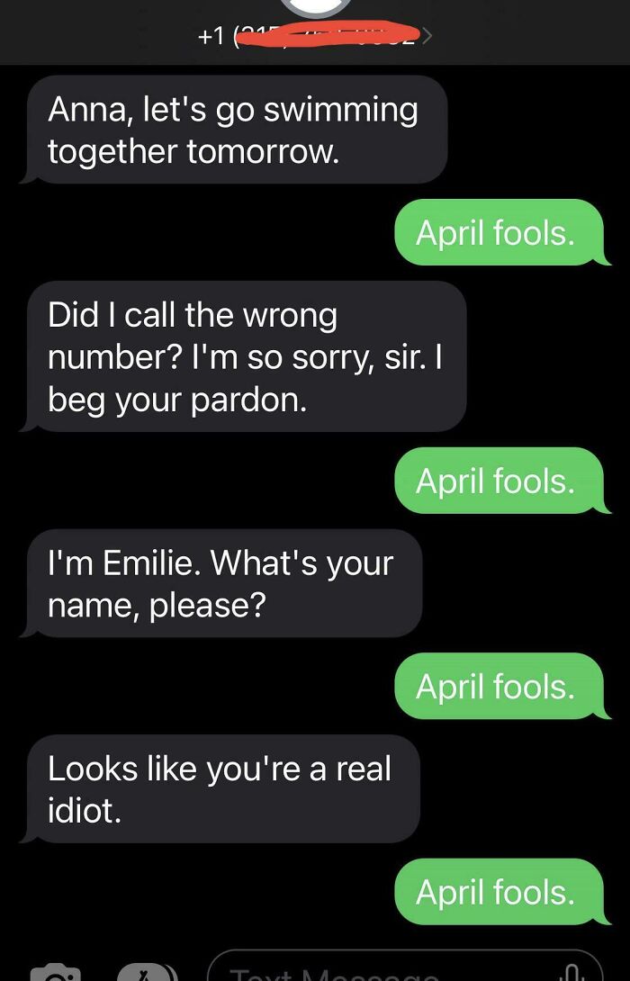 Text conversation with replies "April fools" to scam-text responses.