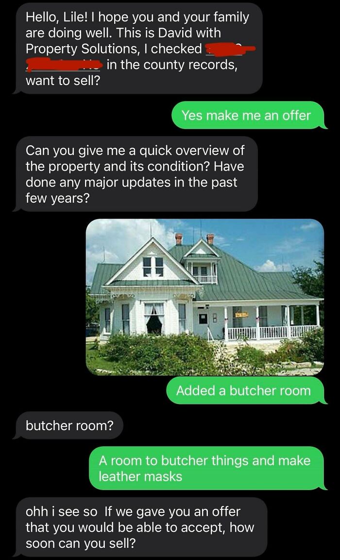 Text exchange showing a scam text conversation about selling property, featuring a humorous response about a "butcher room."