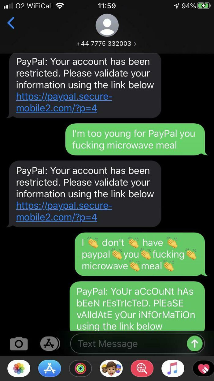 Scam text responses involving fake PayPal message, humorous reply highlighting scam awareness in text conversation.