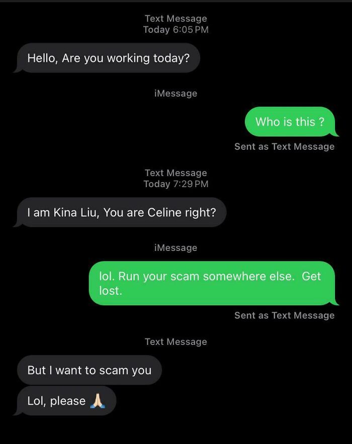 Text conversation involving a scam attempt and a humorous response, showcasing common scam-text responses.