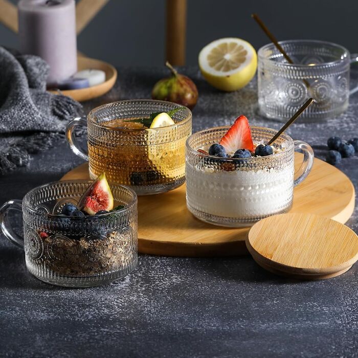  Vintage Glass Cups With Bamboo Lids Are The Charming Vintage Finds That'll Transport Their Overnight Oats Game To A Bygone Era, Pairing Elegance With Eco-Friendliness In A Perfect Harmony Of Style And Substance