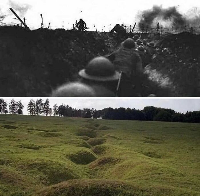 "Interesting history pic showing WWI trenches and present-day grassy landscape with crater remnants."