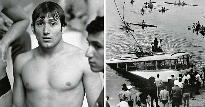 "Interesting history pics: a shirtless man and a bus sinking in a river as onlookers gather."