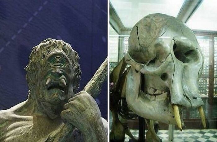 Statue of a mythical cyclops beside an elephant skull in a museum, showcasing interesting history facts.