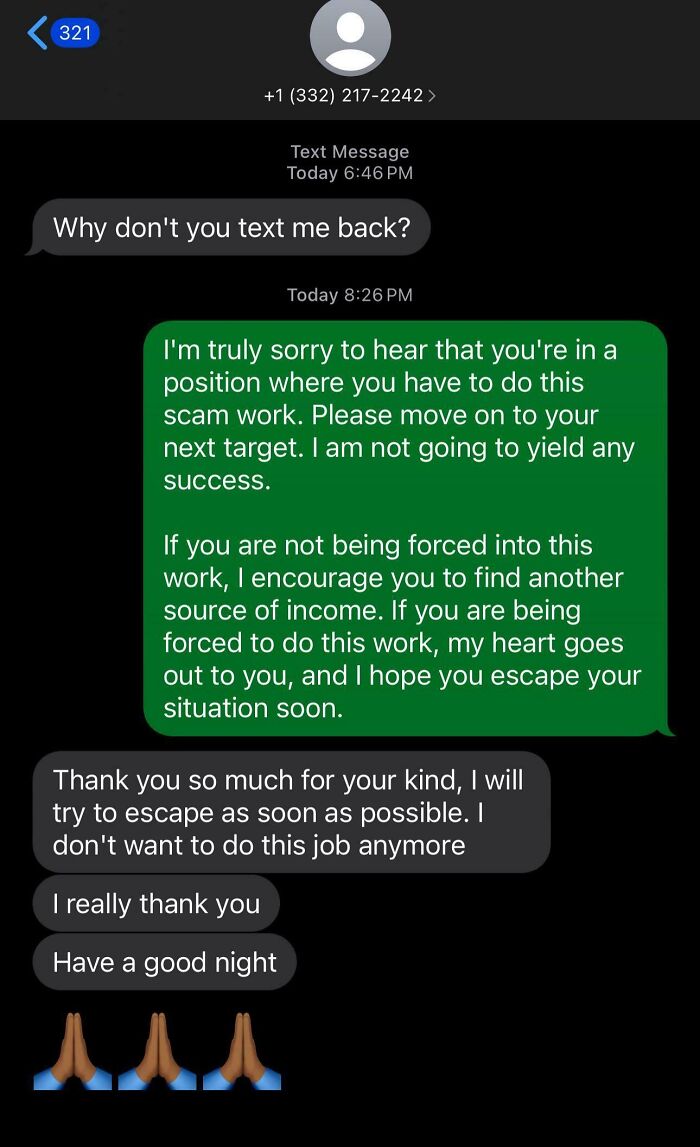 Text message exchange showing a response to a scam-text with empathy and concern.