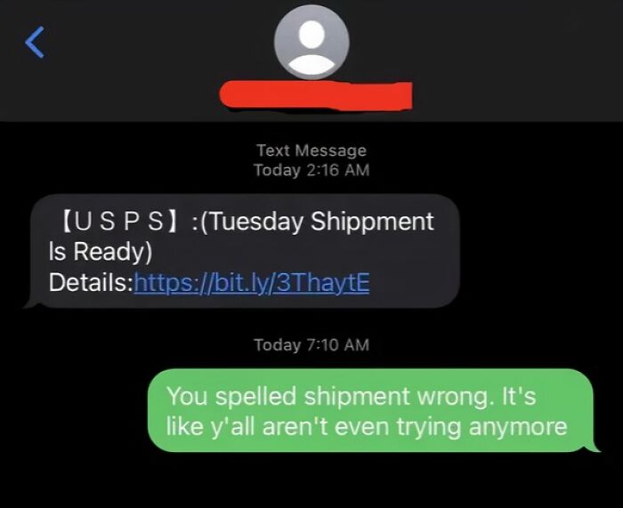 Text exchange highlighting scam-text responses with a misspelled shipment alert.