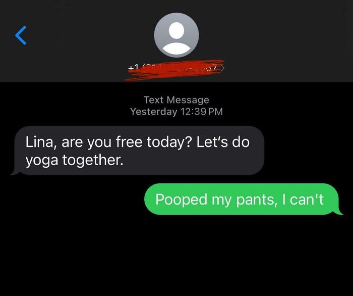 Scam text response showing a humorous reply to an invitation for yoga.