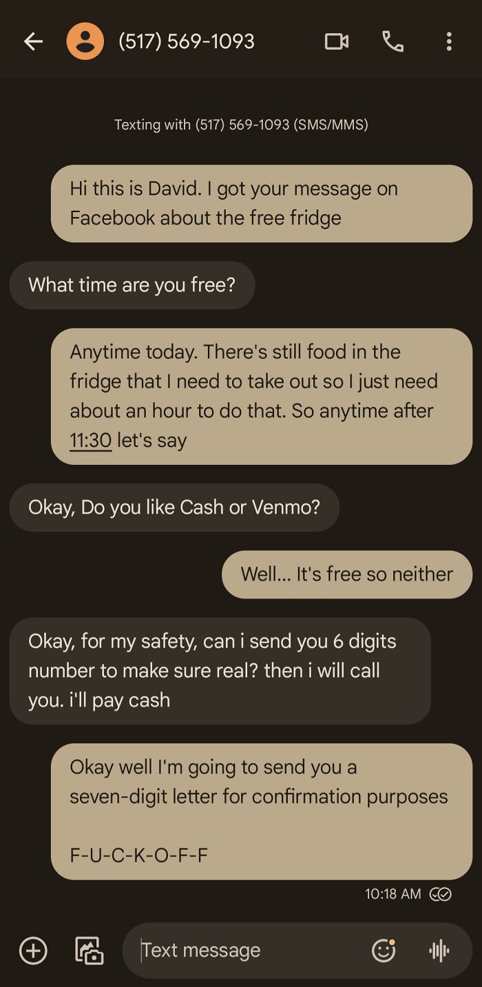 Text exchange showing scam-text-responses to a suspicious safety request.