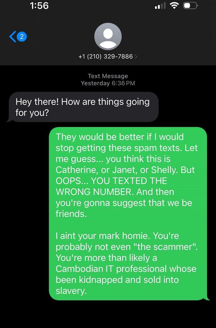 Scam-text response showing a witty reply to a spam message on a smartphone screen.