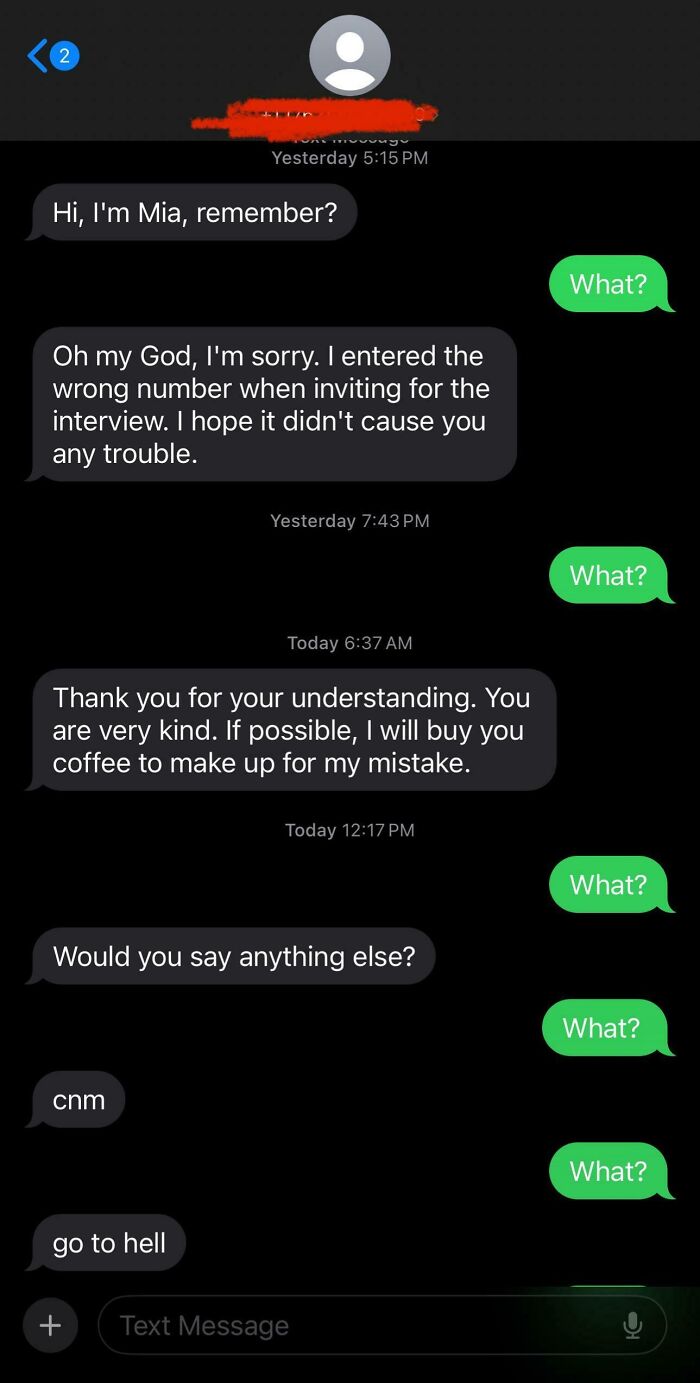 Text message exchange showing a scam-text response conversation.