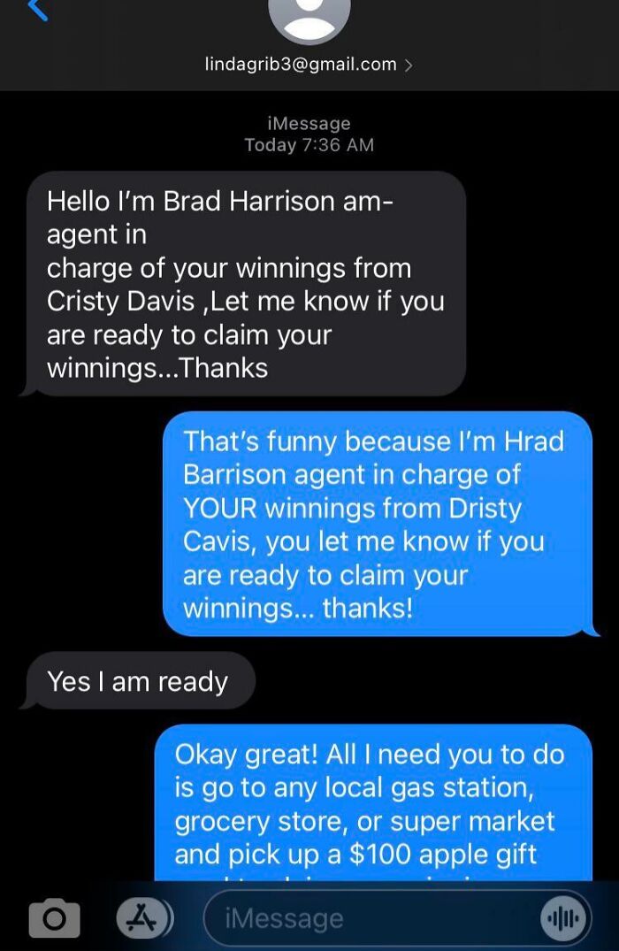 Screenshot of a scam text exchange involving fake winnings and a response asking for a gift card.