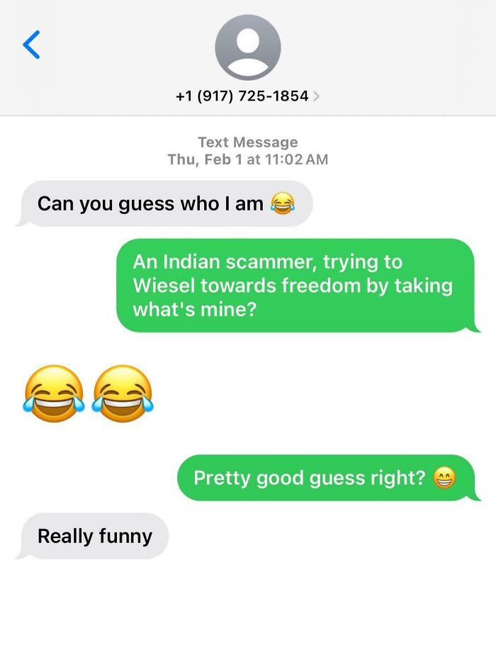 A humorous text exchange responding to a suspected scam-text message.