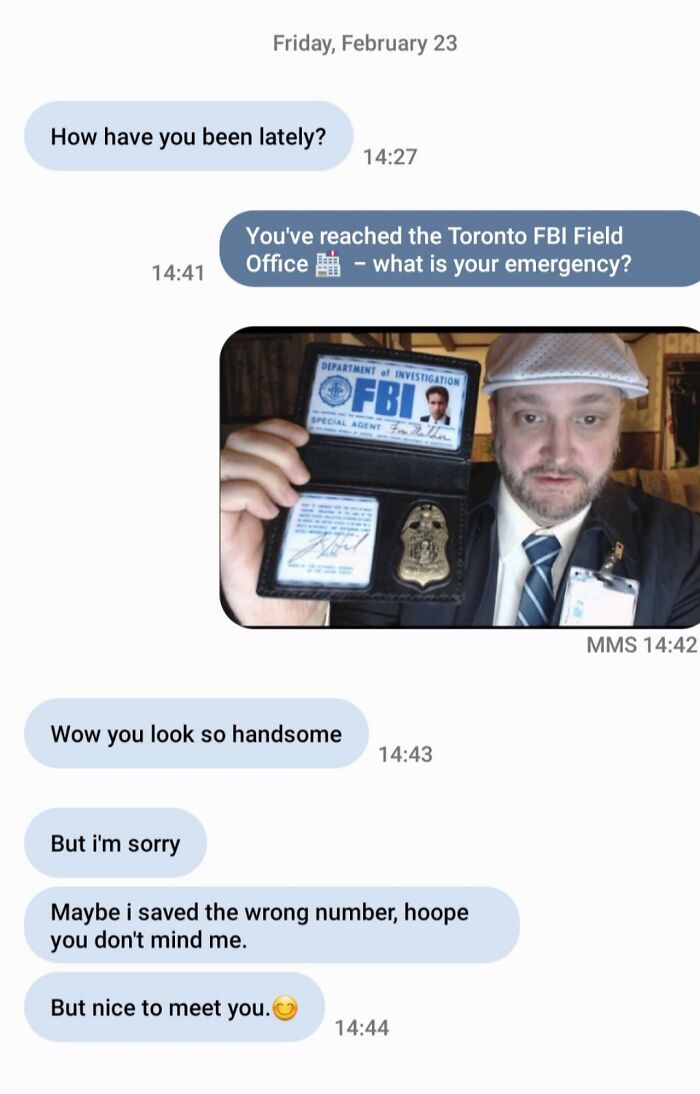 Text conversation with humorous impersonation of an FBI agent, related to scam-text-responses.