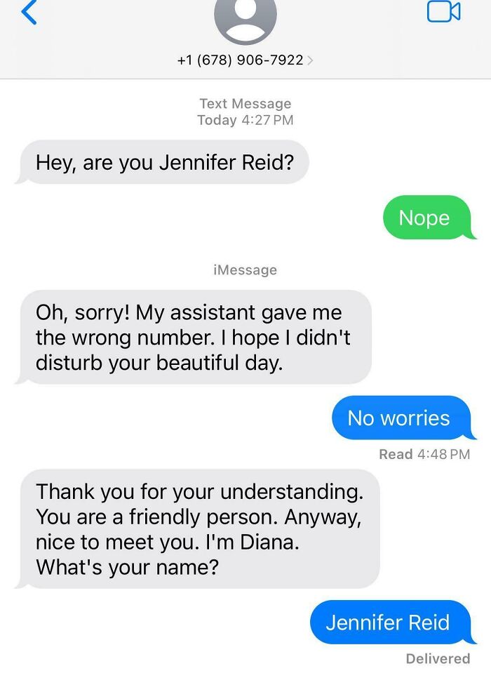 Text exchange demonstrating typical scam-text responses, featuring inquiries about a mistaken identity.