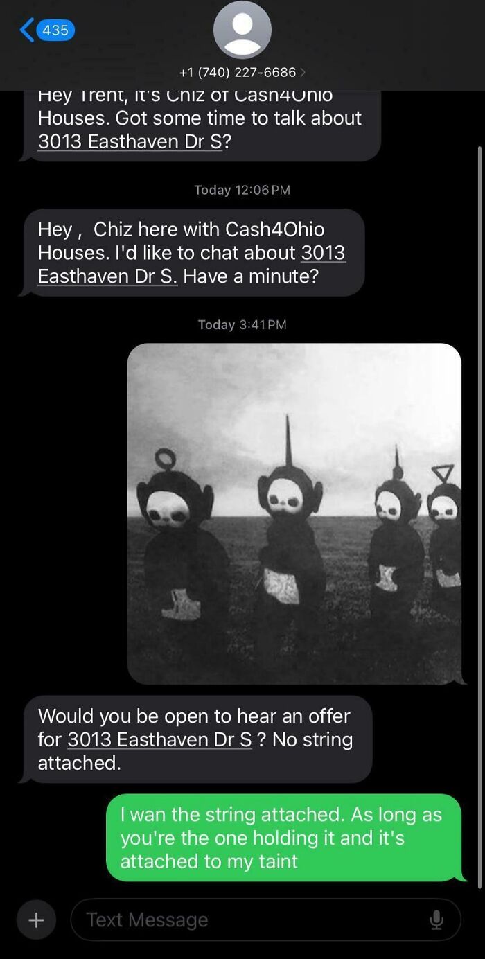 Text conversation showing humorous response to scam-text-responses about a real estate offer.