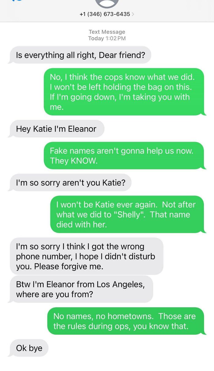 Screenshot of a scam-text conversation highlighting responses to a wrong number text about law enforcement.