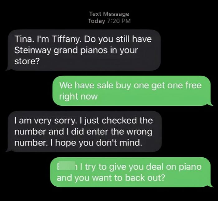 A screenshot of scam-text responses discussing a piano sale offer with a mistaken number apology.