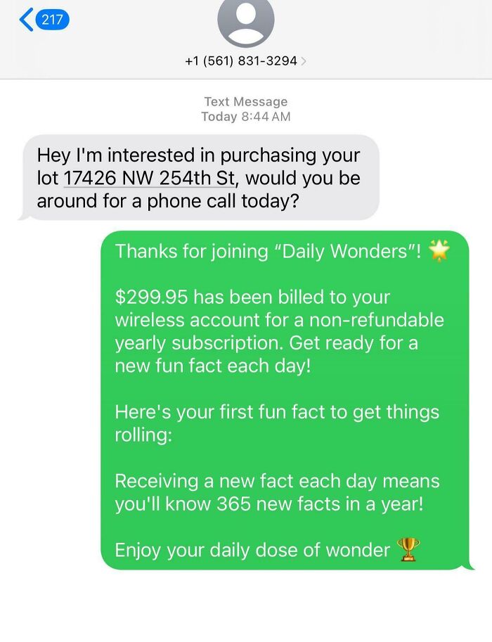 Scam text responses featuring a fake property inquiry and a fraudulent subscription charge message.