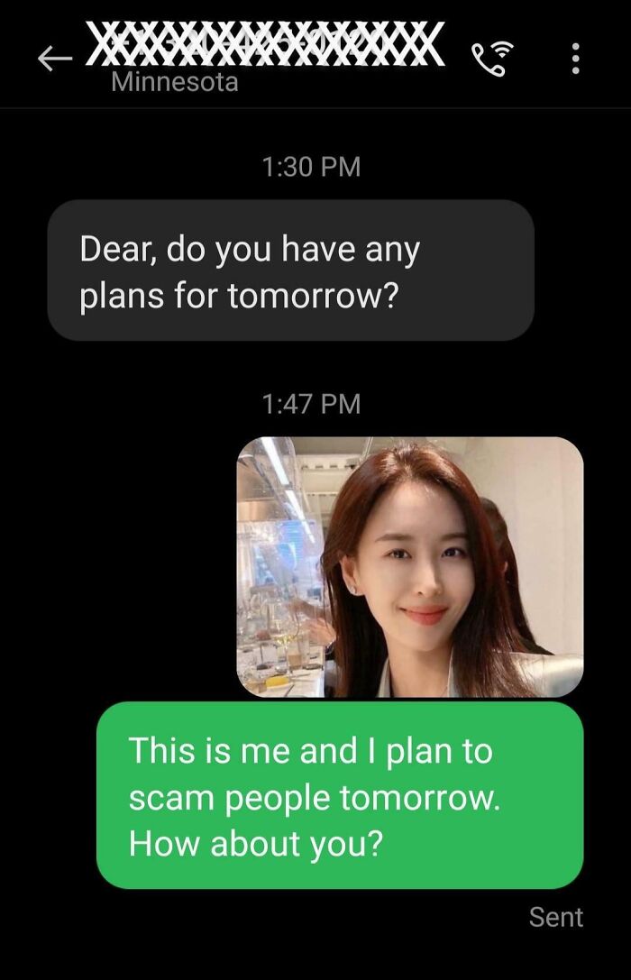 Text conversation with a playful response to a scam text, featuring a woman's smiling photo.