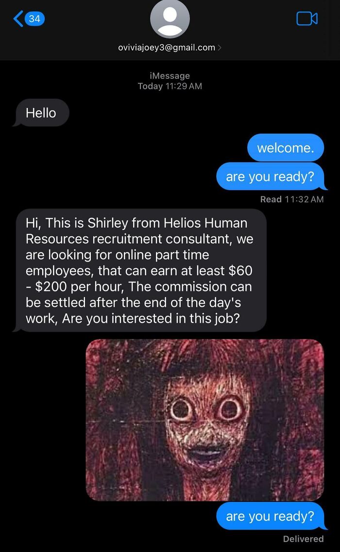 Scam-text responses with suspicious job offer and eerie image included in a chat.