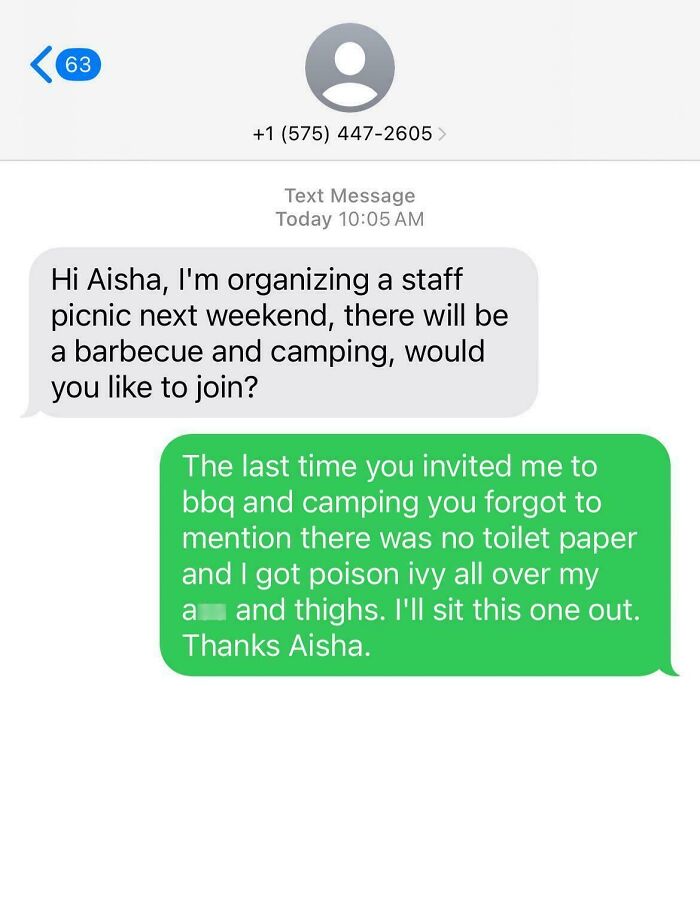 Text message exchange about a staff picnic, showcasing a humorous scam-text response.