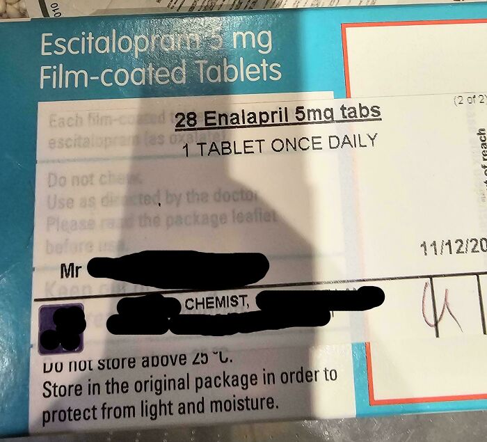 Prescription label error for Enalapril, highlighting accidents, overlaid on Escitalopram packaging.