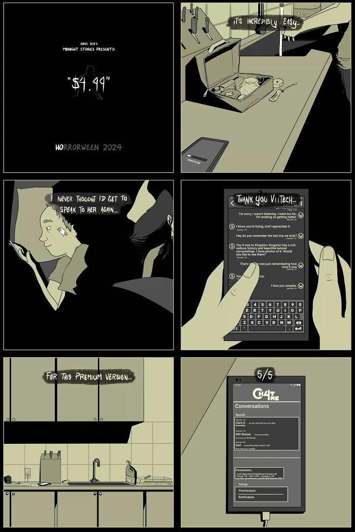 Darkly funny comic by Aidee Sea showcasing twisted humor and chills, featuring a man interacting with his phone at night.