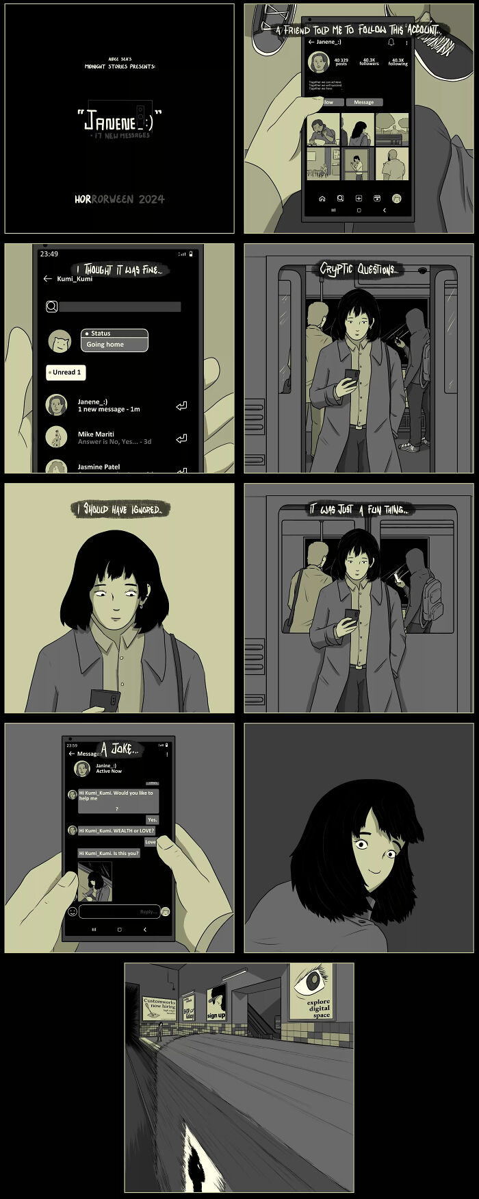 Darkly funny comic strip with twisted humor, featuring a character interacting with a mysterious social media account.