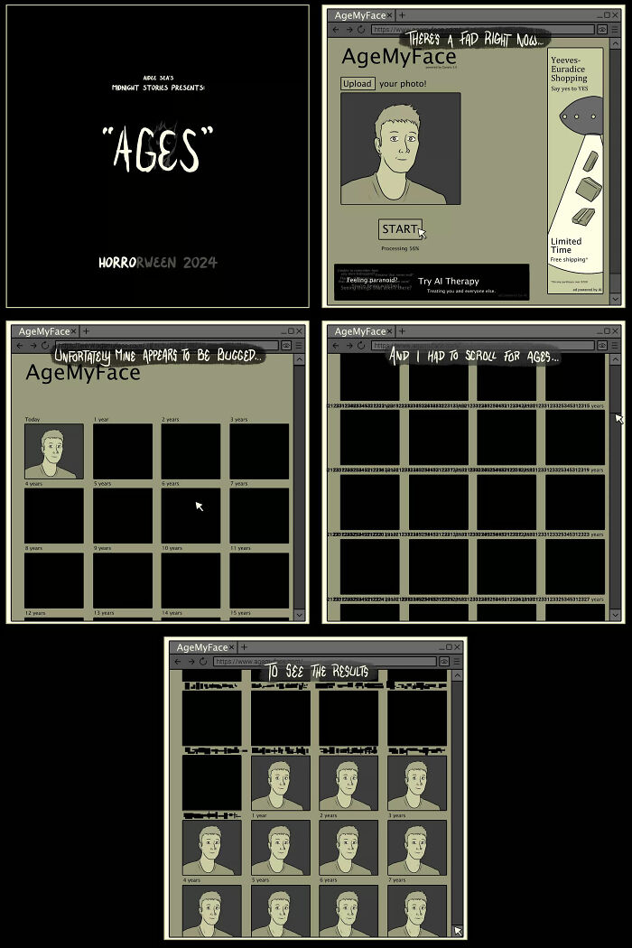 Aidee Sea's darkly funny comic featuring an "AgeMyFace" app glitch.