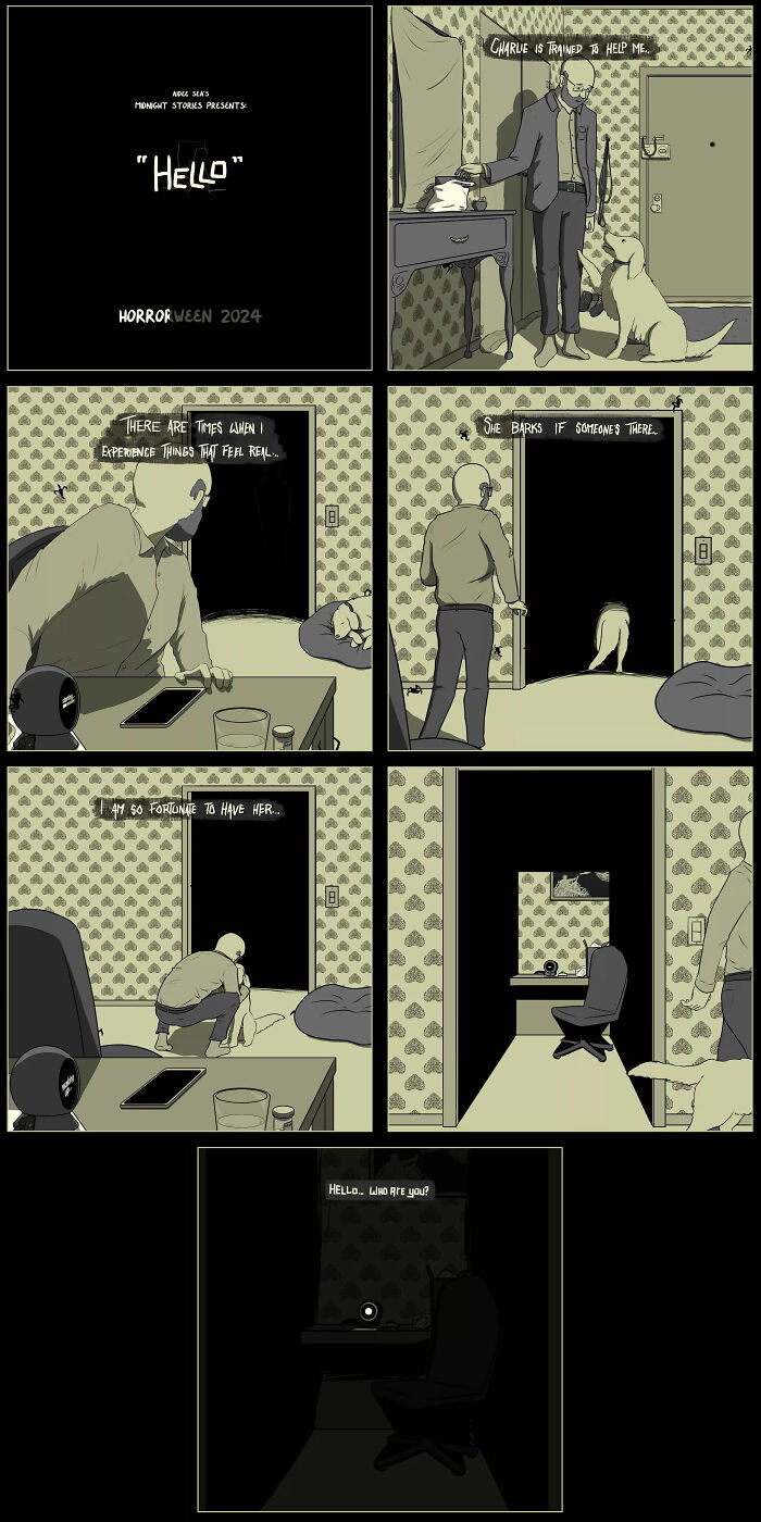 Darkly funny comic by Aidee Sea, featuring suspenseful night scene and a person with a helpful dog.